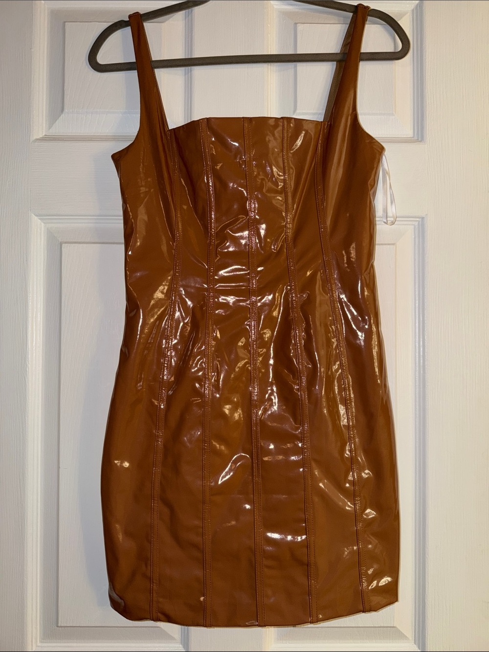Hello Molly Shiny Faux Leather Mini Dress in Caramel Brown